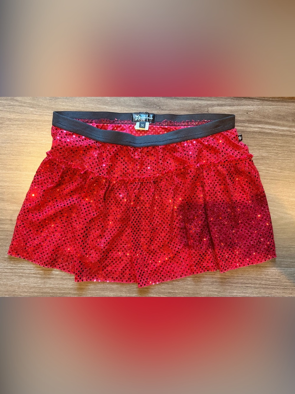Red Sequin Circle Skater Skirt with Black Waistband - Brand: